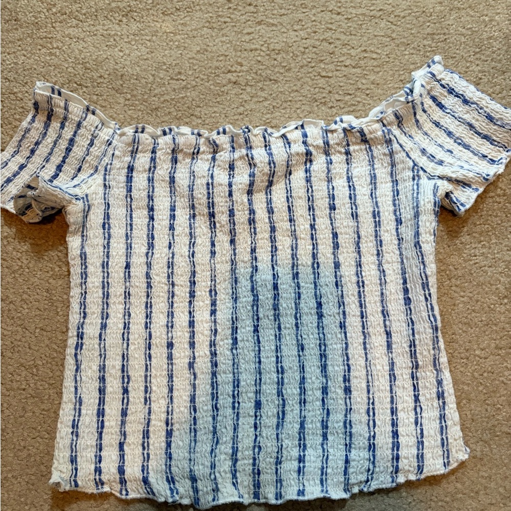 Hollister Blue and White Smocked Ruffled Blouse